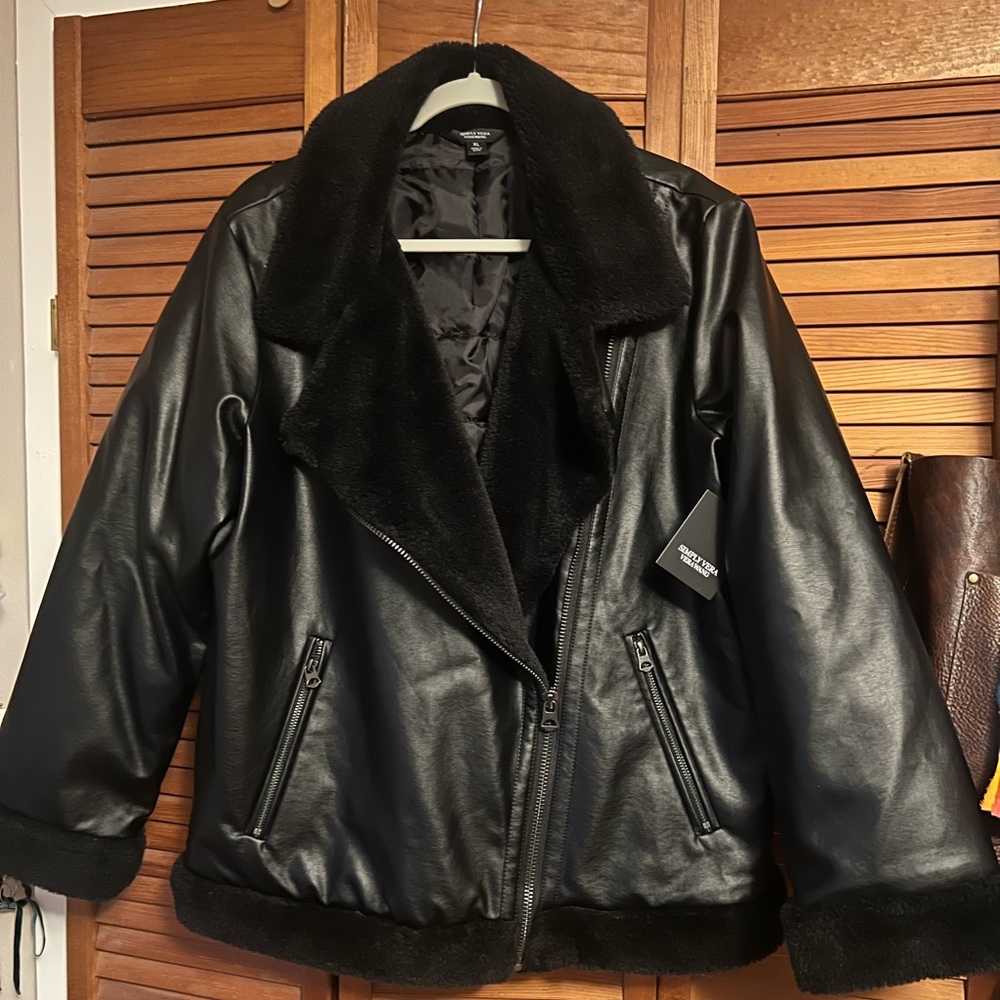 Faux leather jacket with faux fur trim